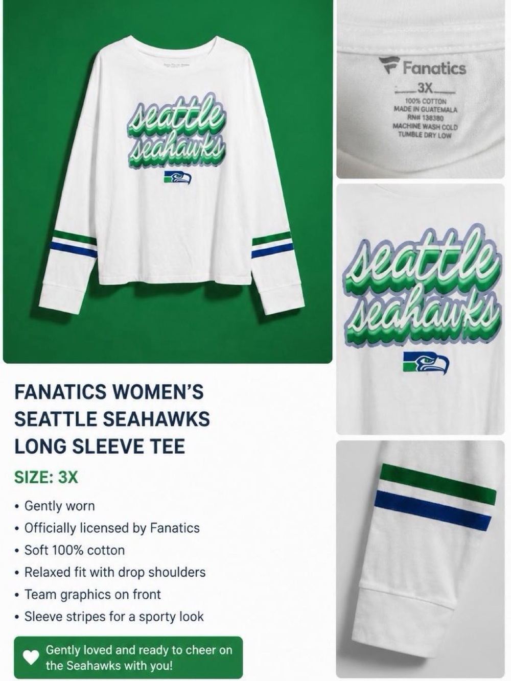 Fanatics White Seattle Seahawks Script Long Sleeve Shirt